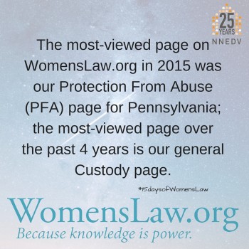 The most-visited page on WomensLaw.org in 2015 was our Protection from Abuse PFA page for Pennsylvania: the most-viewed page over the past 4 years is our general custody page