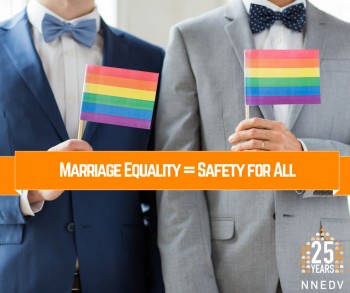 Two men holding pride rainbow flag and phrase saying marriage equality = safety for all