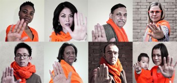 Collage of 8 people and one child wearing orange to recognize international day for the elimination of violence against women