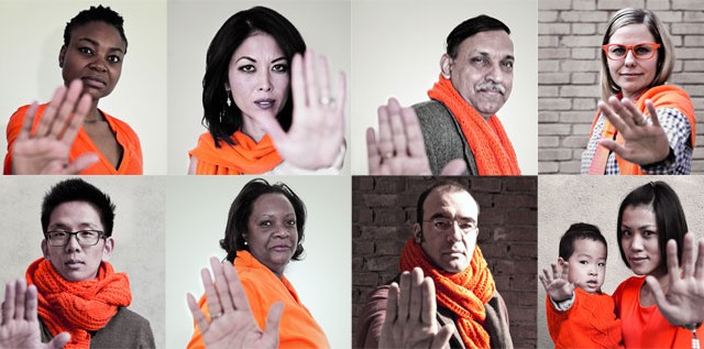 Collage of 8 people and one child wearing orange to recognize international day for the elimination of violence against women
