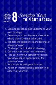 Eight ways to fight every day racism. 1 Recognize and understand your own privilege. 2 examine your own biases and consider where they may have originated. 3 validate the experiences and feelings of people of color. 4 challenge the colorblind ideology. 5