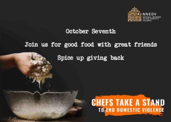 Hands scoop up bread dough from a glass bowl with a haiku overlay "October Seventh/Join us for good food with great friends/ spice up giving back"