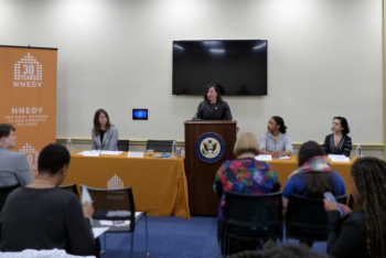 Deborah Vagins speaks to a small crowd at a Hill briefing