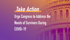 The text: take Action: Urge Congress to Address the Needs of Survivors During COVID-19 over a purple and orange ombre background with a faded close up of the capitol building to the right.